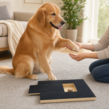 Golden retriever with smooth trimmed nails offering a paw beside the Barkicure Scratch Pad